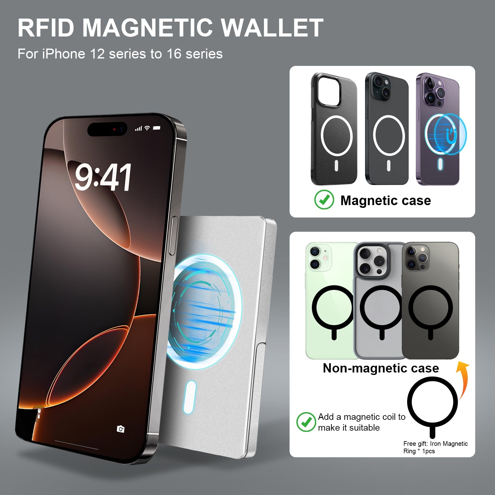 Slim RFID Blocking Metal Wallet with MagSafe & Kickstand — 5 Colors